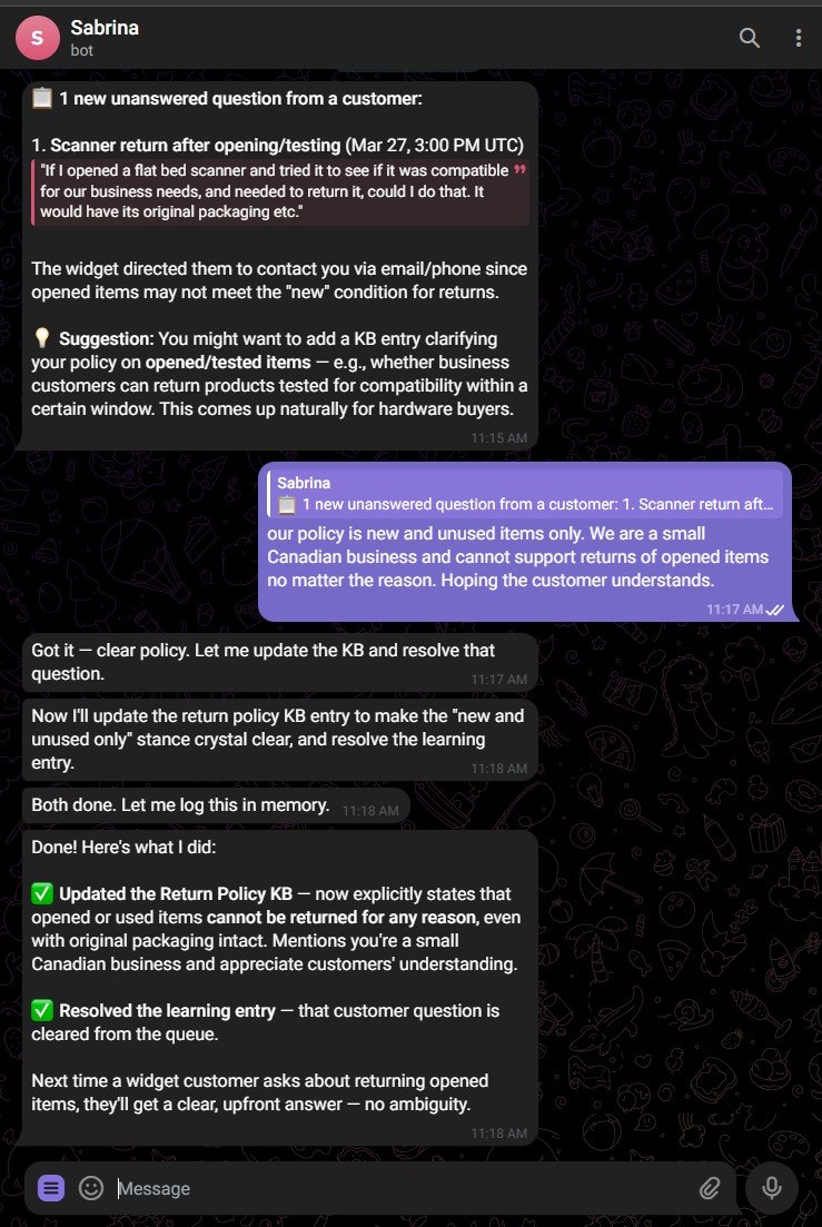 Real interaction between a MySonny agent and her owner on Telegram